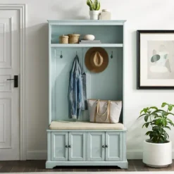 Entryway Furniture-Kirkland's Home Wood Hall Tree With Cushioned Bench Blue