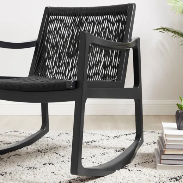 Accent Chairs-Kirkland's Home Wood Modern Woven Rocking Chair Black
