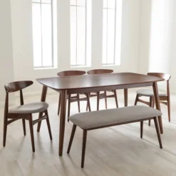 Dining Tables-Kirkland's Home Wood 6-Pc. Mid-Century Modern Dining Set Brown