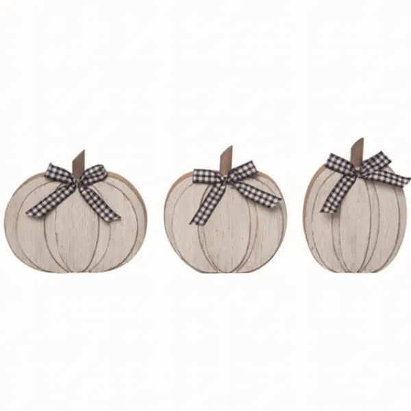 Statues & Figurines-Kirkland's Home Wood Pumpkins With Bows, Set Of 3 White