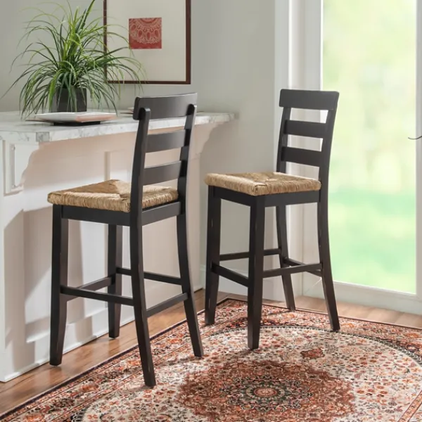Bar Stools & Counter Height Stools-Kirkland's Home Wood Seagrass Seat Slat Back Bar Stool Black
