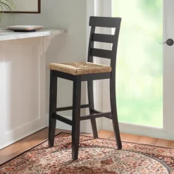 Bar Stools & Counter Height Stools-Kirkland's Home Wood Seagrass Seat Slat Back Bar Stool Black