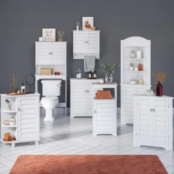 Bathroom Furniture-Kirkland's Home Wood Shutter Door Open Shelf Cabinet White