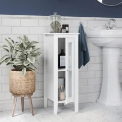 Bathroom Furniture-Kirkland's Home Wood Slim Single Glass Door Floor Cabinet White