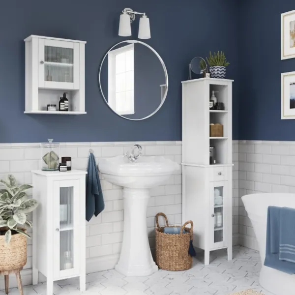 Bathroom Furniture-Kirkland's Home Wood Slim Single Glass Door Floor Cabinet White