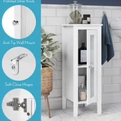 Bathroom Furniture-Kirkland's Home Wood Slim Single Glass Door Floor Cabinet White