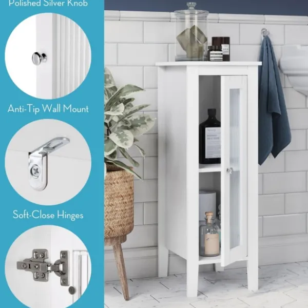 Bathroom Furniture-Kirkland's Home Wood Slim Single Glass Door Floor Cabinet White