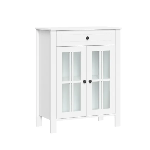 Bathroom Furniture-Kirkland's Home Wood Two Pane Glass Doors Floor Cabinet White