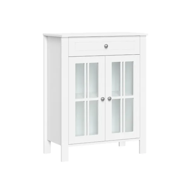Bathroom Furniture-Kirkland's Home Wood Two Pane Glass Doors Floor Cabinet White