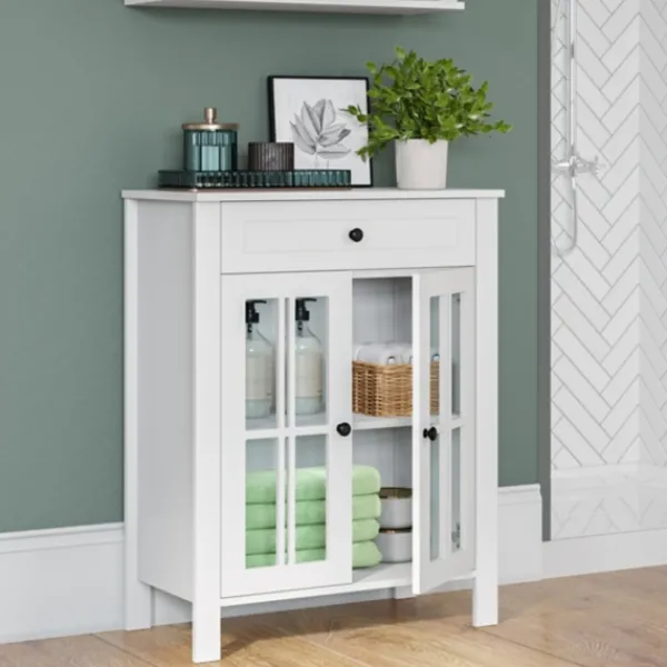 Bathroom Furniture-Kirkland's Home Wood Two Pane Glass Doors Floor Cabinet White
