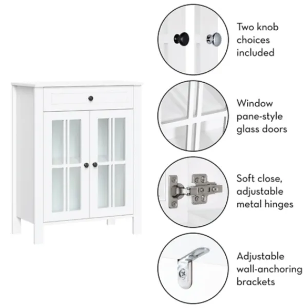 Bathroom Furniture-Kirkland's Home Wood Two Pane Glass Doors Floor Cabinet White