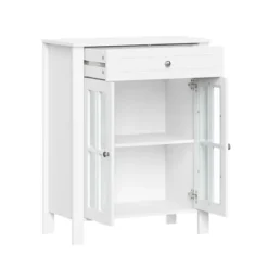 Bathroom Furniture-Kirkland's Home Wood Two Pane Glass Doors Floor Cabinet White