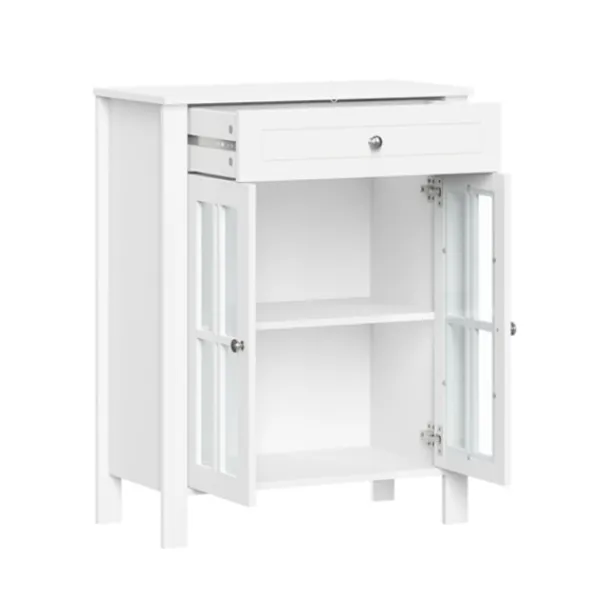 Bathroom Furniture-Kirkland's Home Wood Two Pane Glass Doors Floor Cabinet White