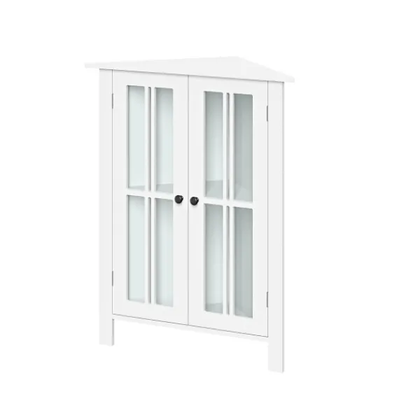 Bathroom Furniture-Kirkland's Home Wood Two Pane Glass Doors Corner Cabinet White