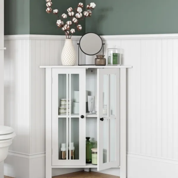 Bathroom Furniture-Kirkland's Home Wood Two Pane Glass Doors Corner Cabinet White
