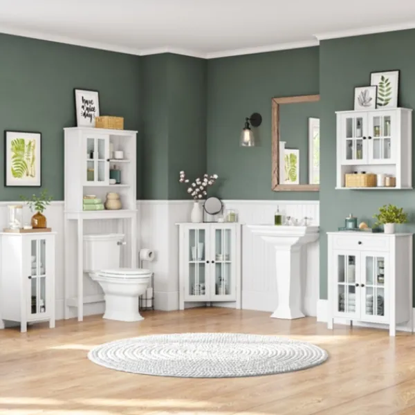 Bathroom Furniture-Kirkland's Home Wood Two Pane Glass Doors Corner Cabinet White