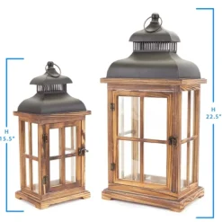 Lanterns-Kirkland's Home Wood Windowpane Slope Top Lanterns, Set Of 2 Brown/Black