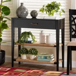Console Tables-Kirkland's Home Wood Woven Shelves Console Table Black