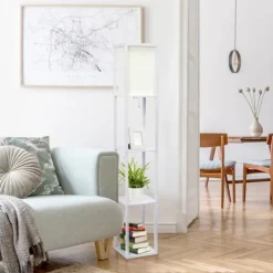 Floor Lamps-Kirkland's Home Wooden Column Shelf Floor Lamp White