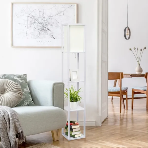 Floor Lamps-Kirkland's Home Wooden Column Shelf Floor Lamp White