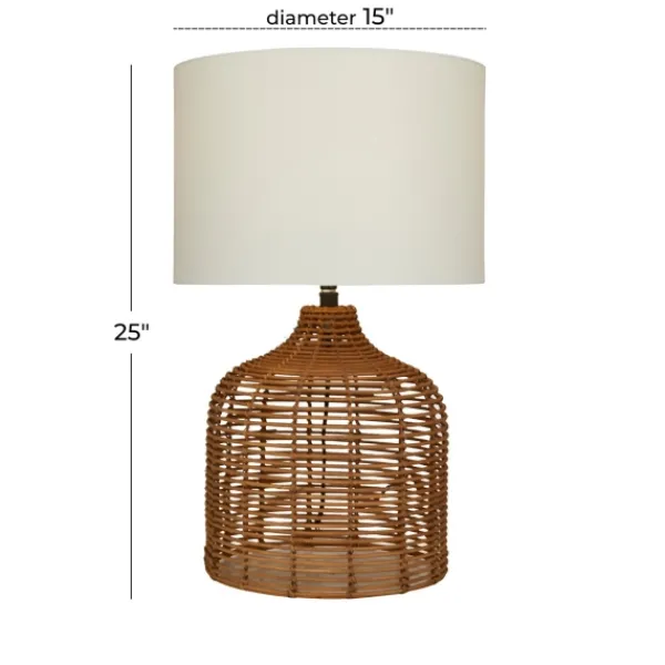 Table Lamps-Kirkland's Home Woven Rattan Base Ivory Shade Table Lamp Brown