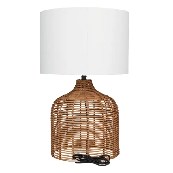 Table Lamps-Kirkland's Home Woven Rattan Base Ivory Shade Table Lamp Brown