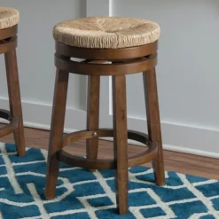 Bar Stools & Counter Height Stools-Kirkland's Home Woven Seagrass Walnut Wood Swivel Counter Stool Tan