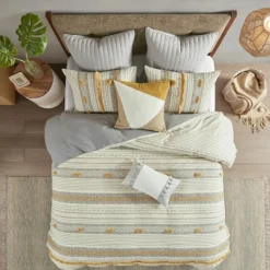 Duvets-Kirkland's Home Yellow Striped Pom Pom 3-Pc. Full/Queen Duvet Set Yellow/Gray
