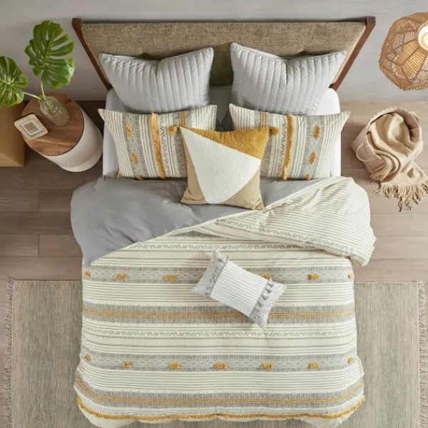 Duvets-Kirkland's Home Yellow Striped Pom Pom 3-Pc. Full/Queen Duvet Set Yellow/Gray